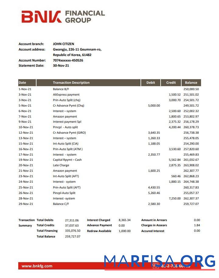 Printable South Korea BNK bank statement excel real example